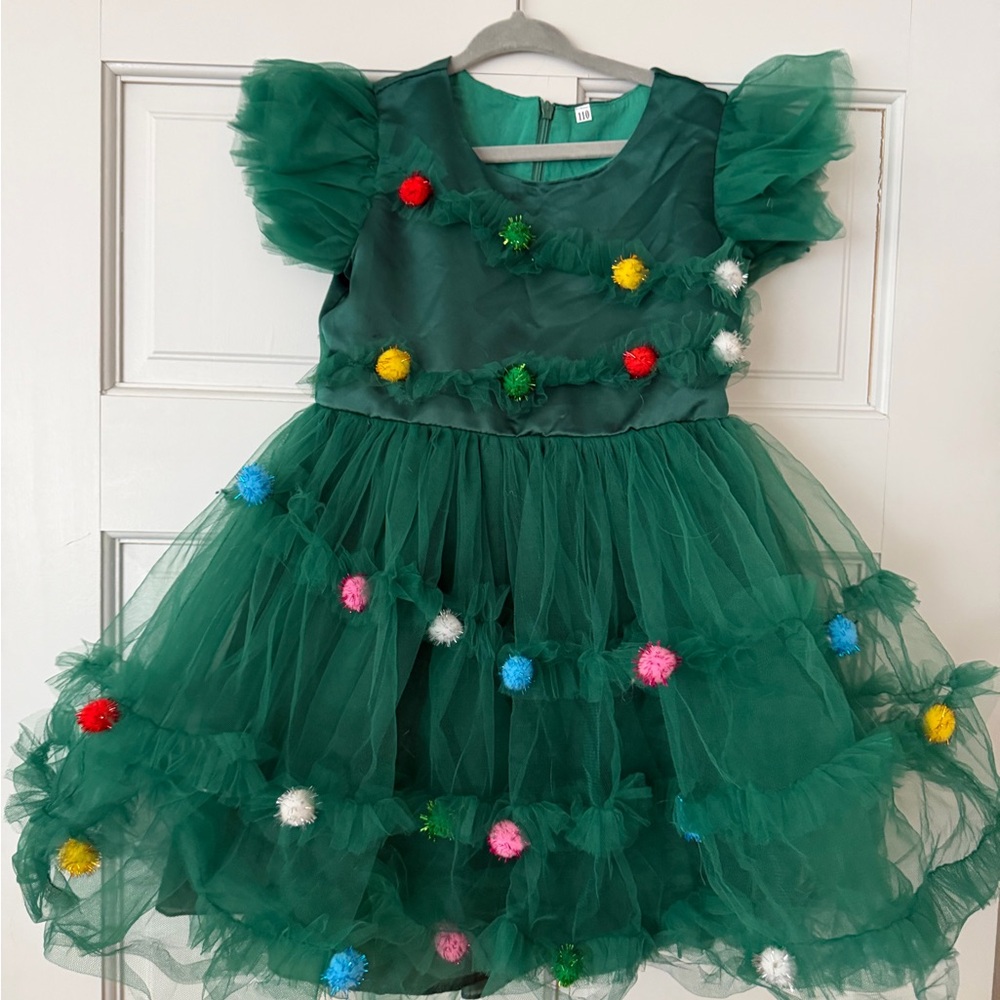 Kids Green Tulle Pom-Pom Christmas Tree Dress
